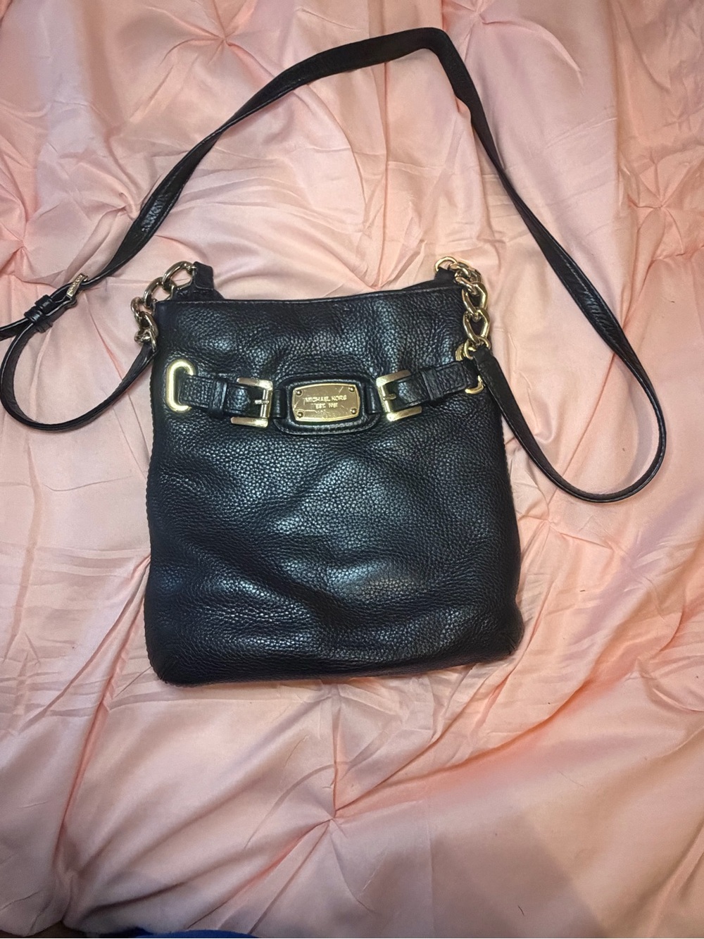 Michael Kors Black Pebbled Leather Crossbody with Gold Accents